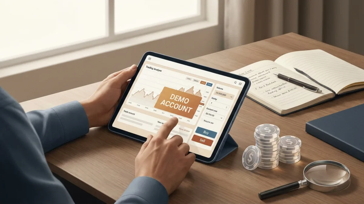 Schermo di un computer che mostra un conto demo per testare la piattaforma di trading senza rischi prima del deposito.
