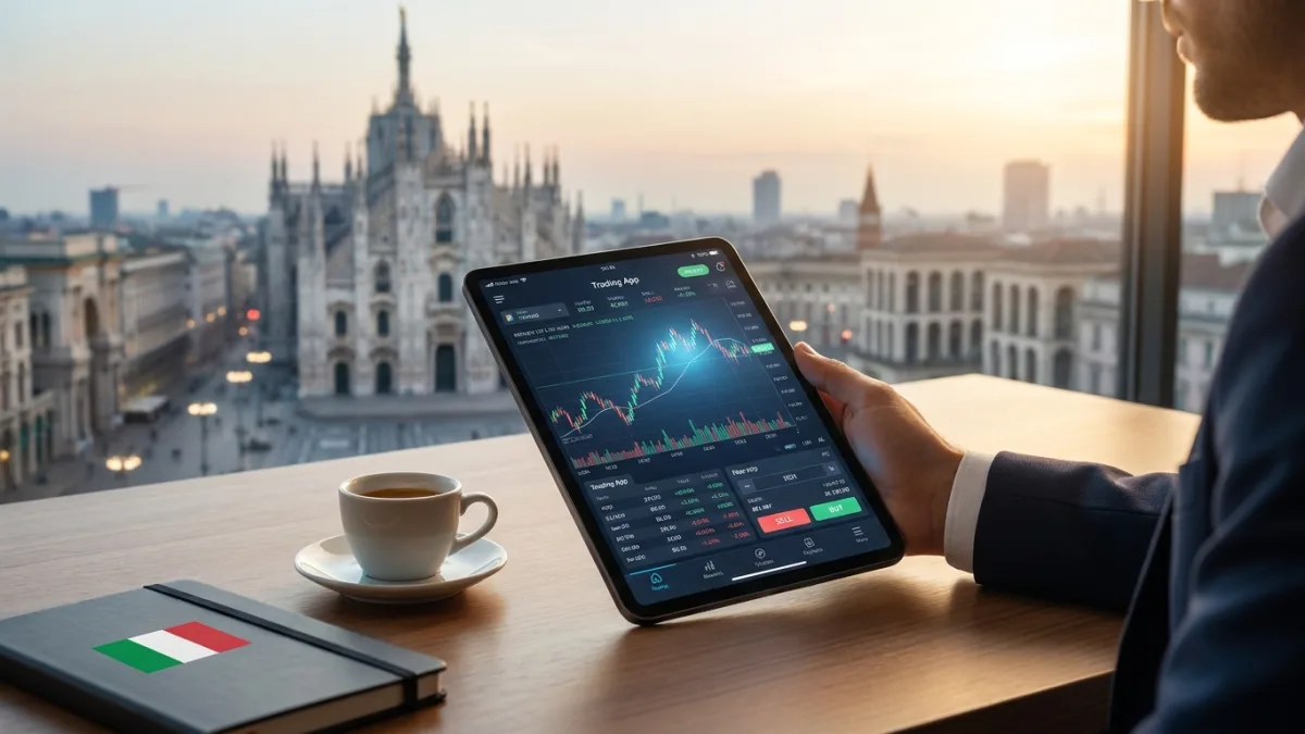 Smartphone che mostra grafici finanziari e dati di borsa delle migliori app di trading in Italia.