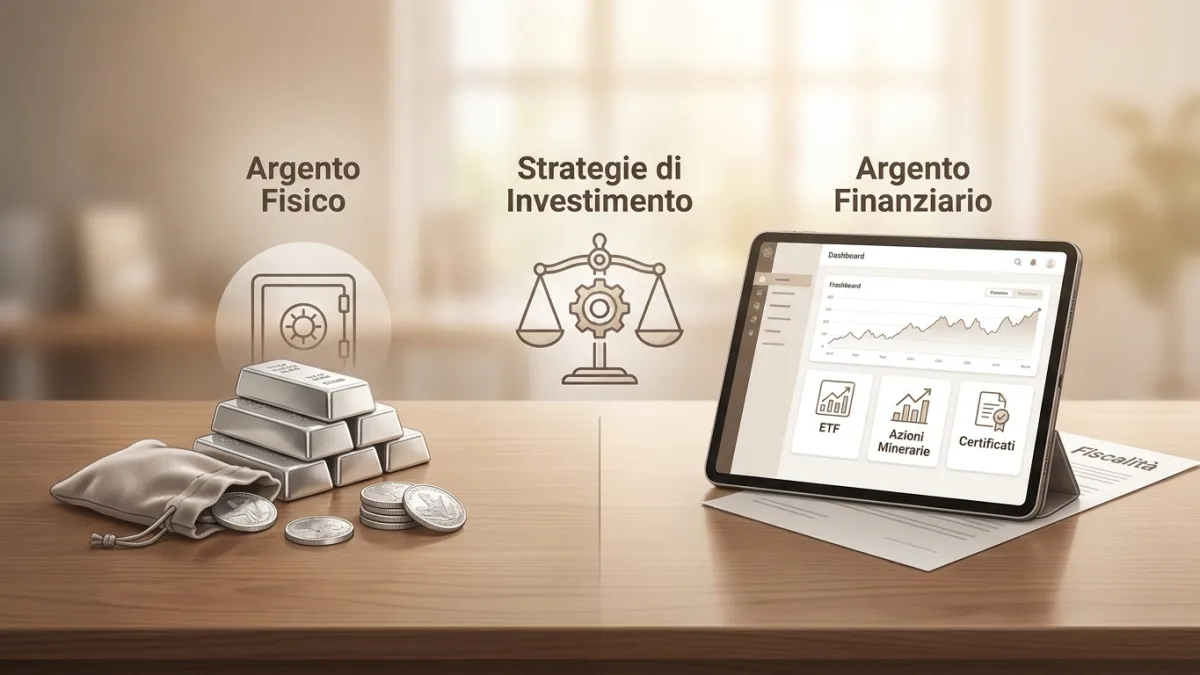 Monete d'argento affiancate a grafici finanziari che mostrano le diverse opzioni di investimento.