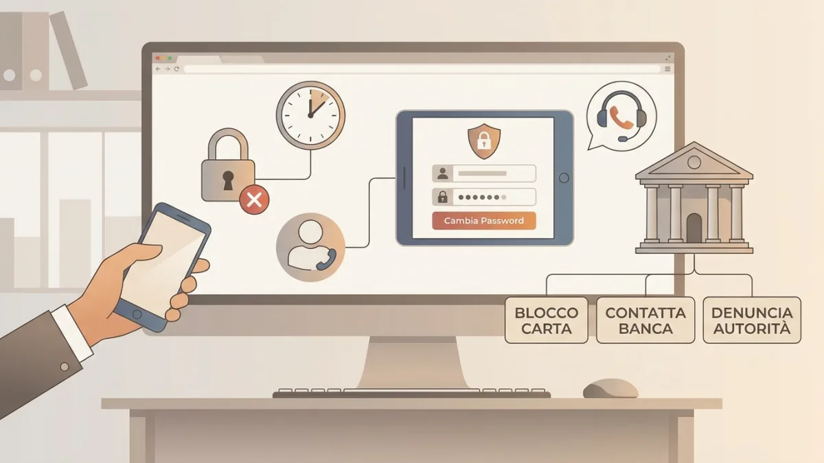Persona che contatta urgentemente l'assistenza bancaria per bloccare il conto dopo un attacco di phishing.