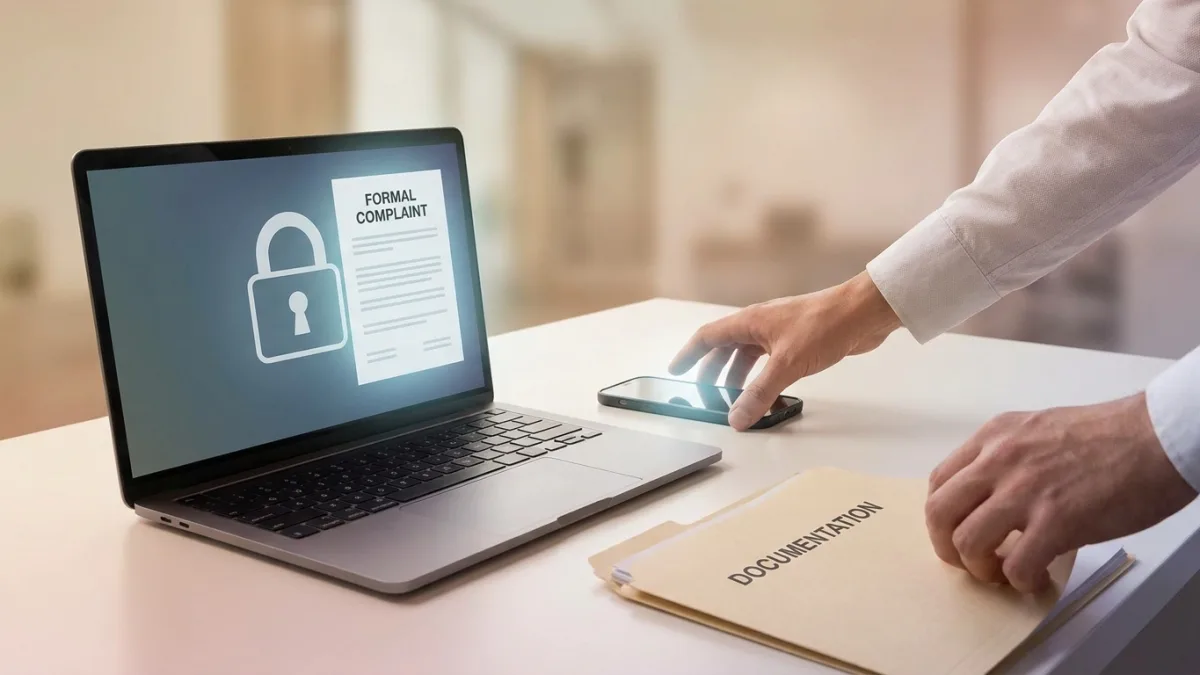 Persona al telefono che blocca il conto bancario dopo aver subito una truffa finanziaria online.