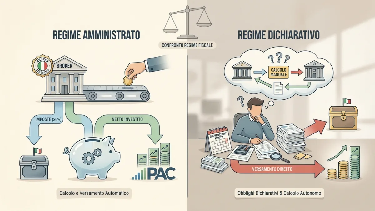 Confronto tra il regime fiscale amministrato con trattenuta automatica e il regime dichiarativo per gli investitori.