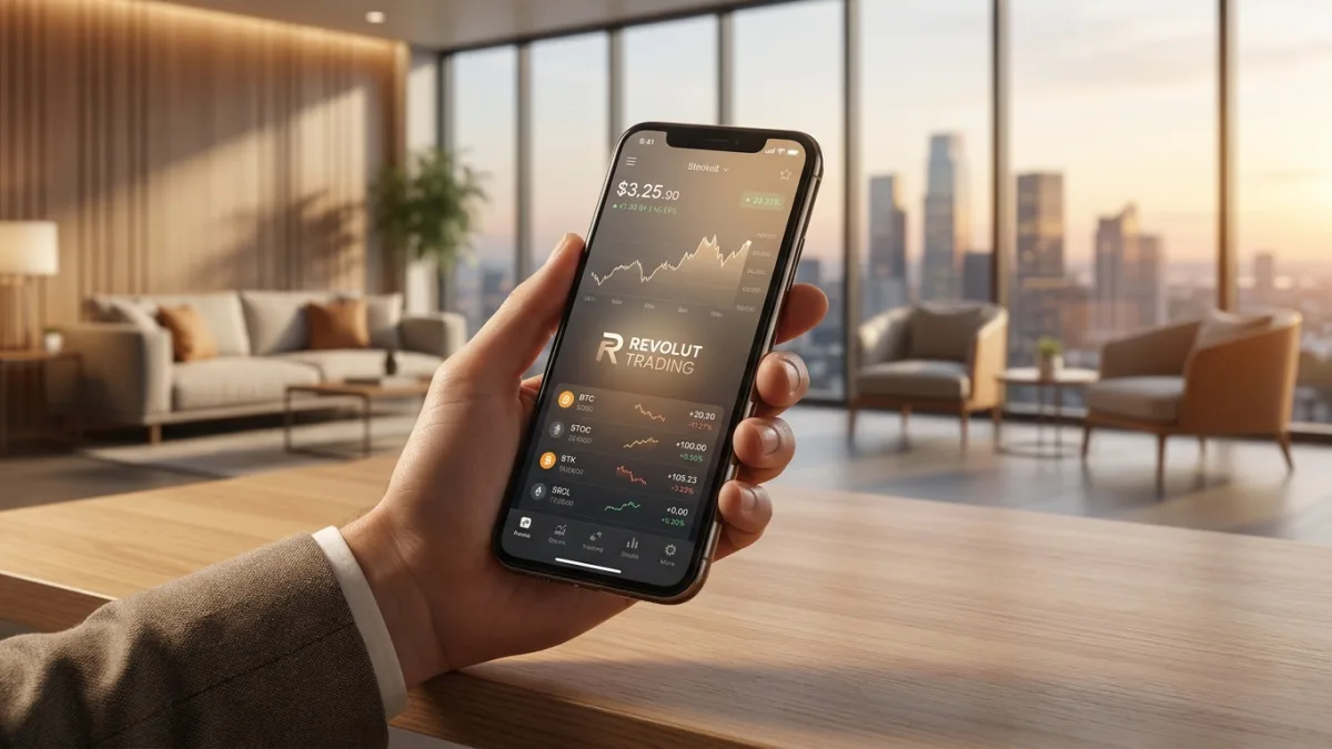 Schermata dell'app Revolut Trading su uno smartphone che mostra grafici e azioni.