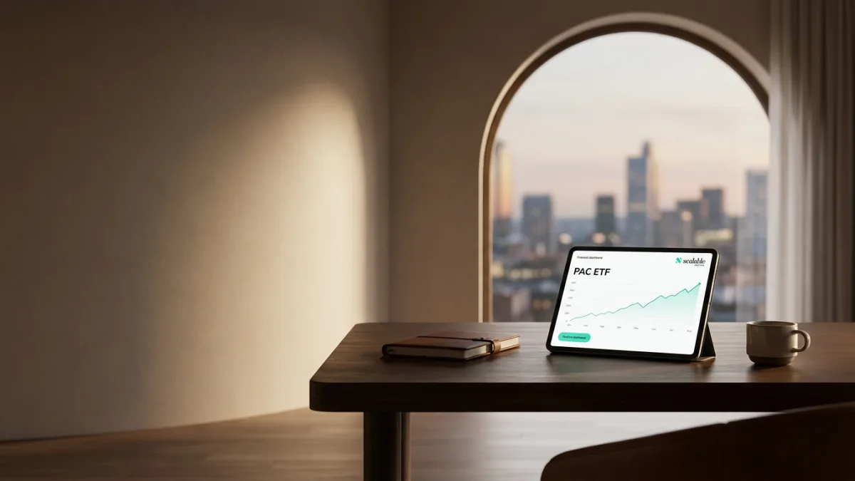 L'interfaccia dell'app Scalable Capital mostra grafici di ETF e opzioni per il regime amministrato.