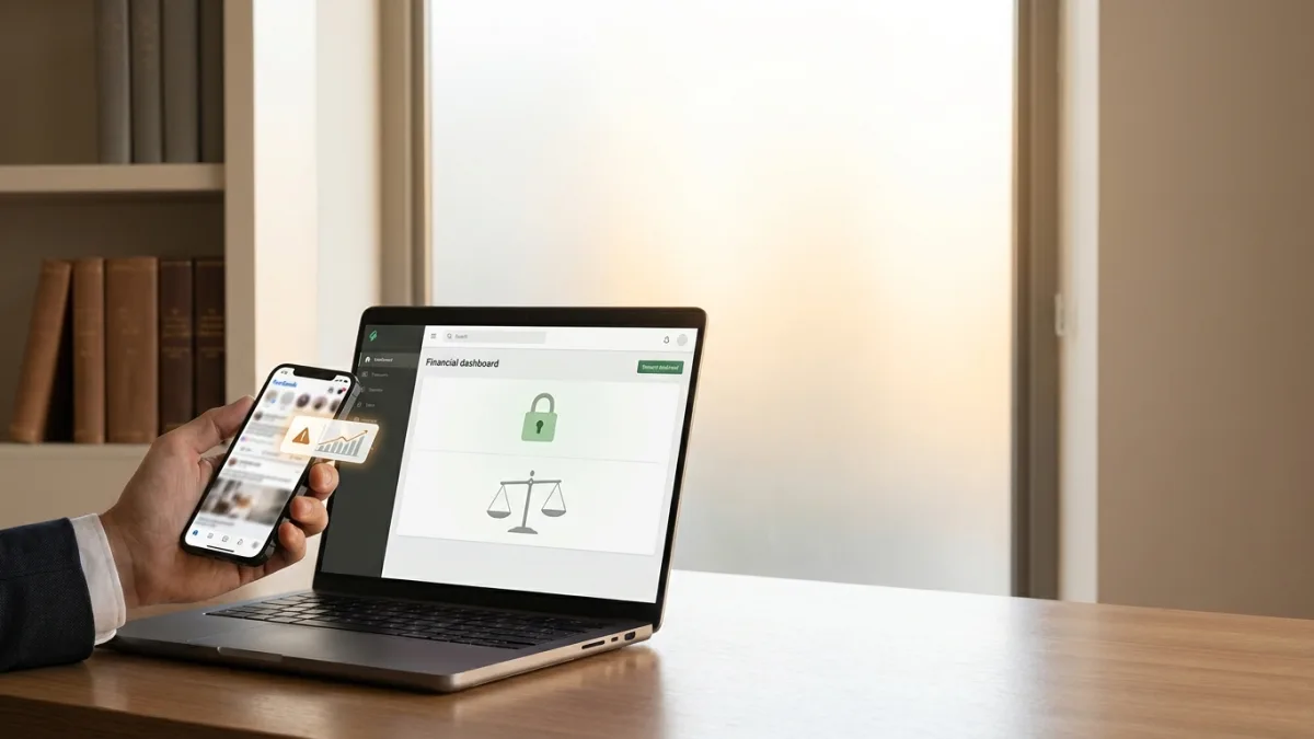 Smartphone che mostra annunci finanziari ingannevoli sui social network con un simbolo di allerta truffa.